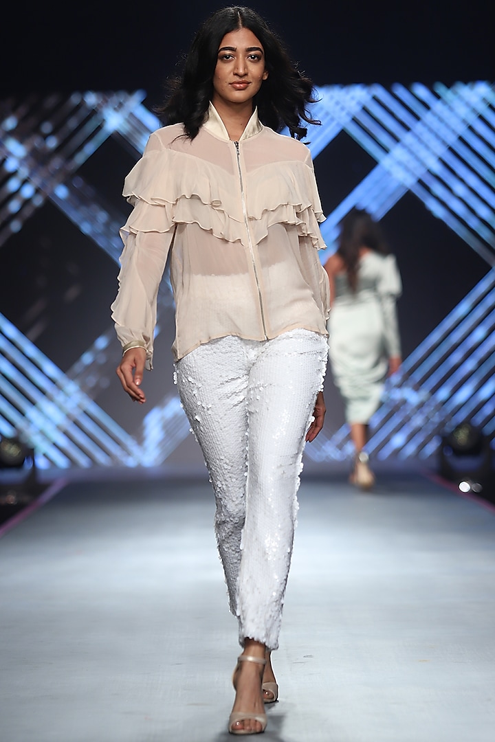 Nude Frill Bomber Jacket by RS by Rippii Sethi