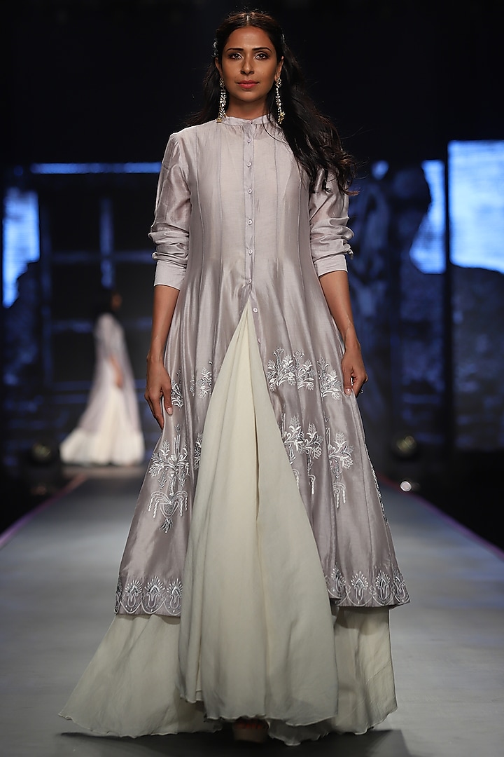 Grey Embroidered Dress With Off White Maxi Inner Dress by Samant Chauhan