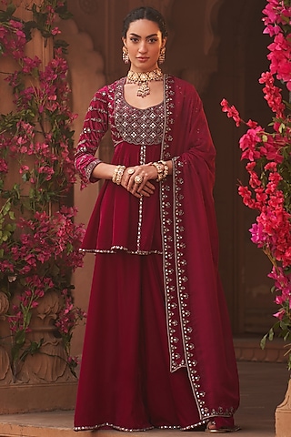 Magenta Velvet Sharara Set by Reeti Arneja
