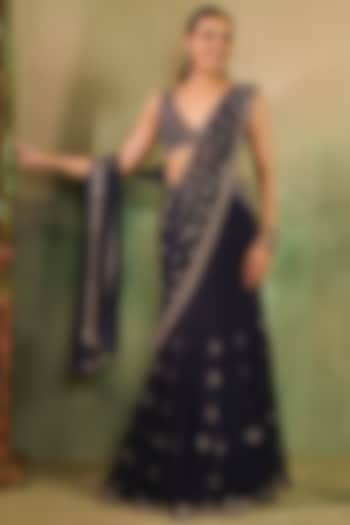 Midnight Blue Georgette Embroidered Wedding Lehenga Set by Reeti Arneja at Pernia's Pop Up Shop