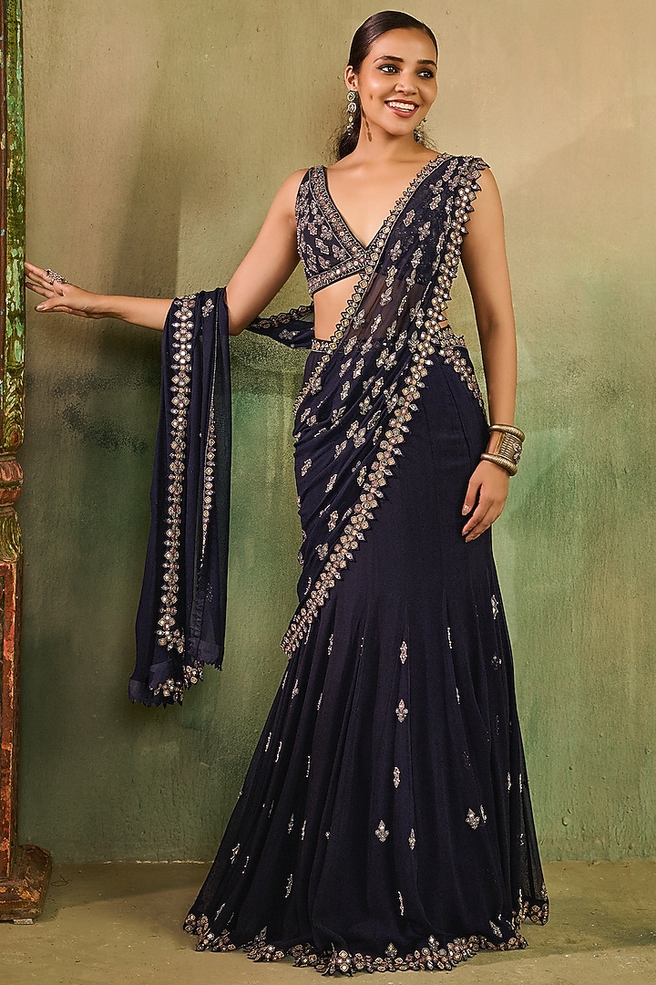 Midnight Blue Georgette Embroidered Wedding Lehenga Set by Reeti Arneja at Pernia's Pop Up Shop