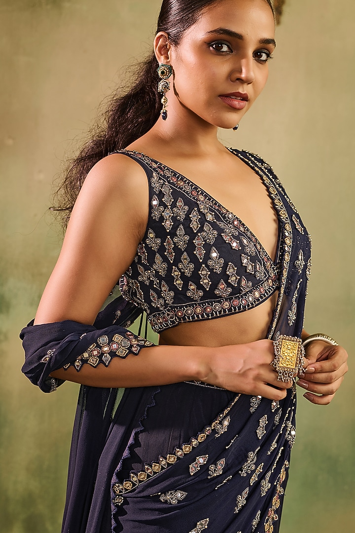Midnight Blue Georgette Embroidered Wedding Lehenga Set by Reeti Arneja at Pernia's Pop Up Shop