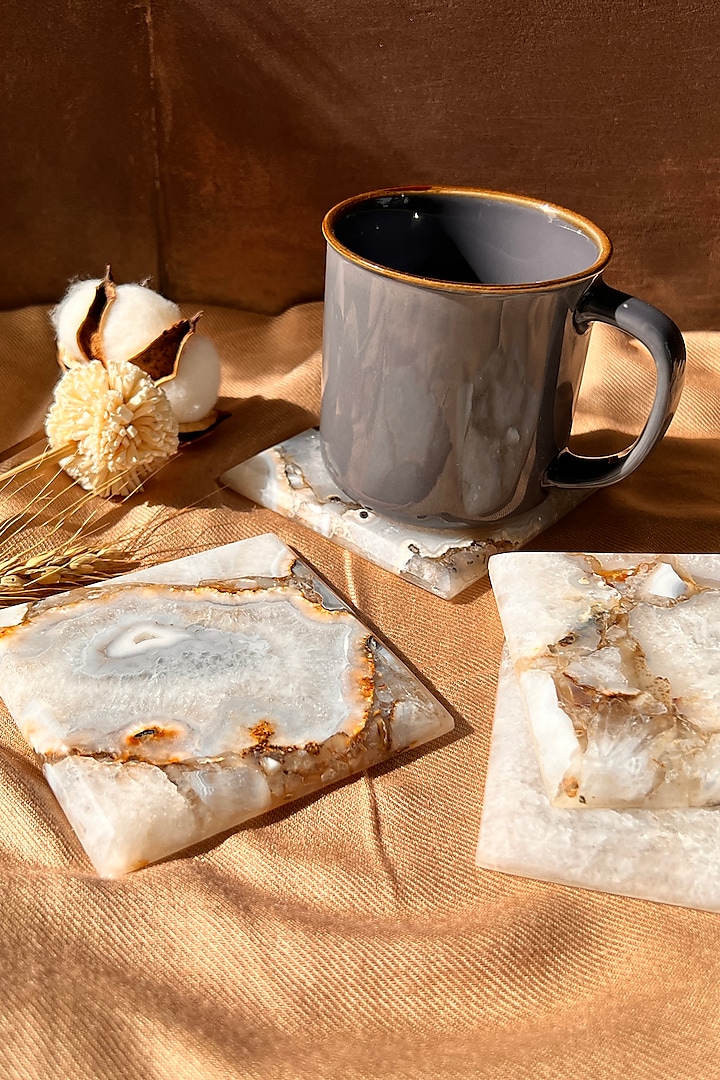 Brown & White Natural Agate Stone Square Coaster Set by Gemtherapy at Pernia's Pop Up Shop