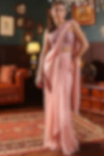 Blush Pink Chiffon Pre-Draped Wedding Saree Set by LABEL PRIYANKA KHOKKER at Pernia's Pop Up Shop