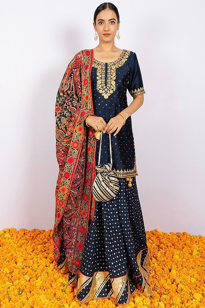 Blue Brocade Lehenga Set by Shrutkirti