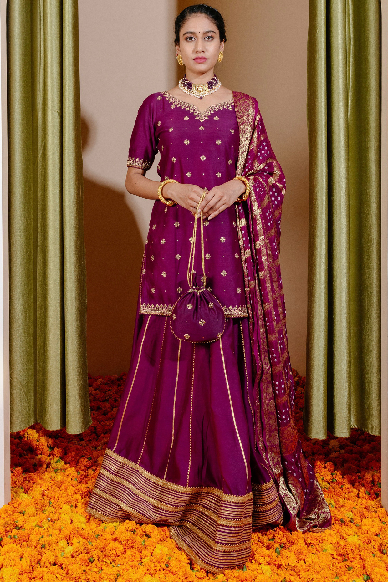 Purple Pure Chanderi Lehenga Set by Shrutkirti