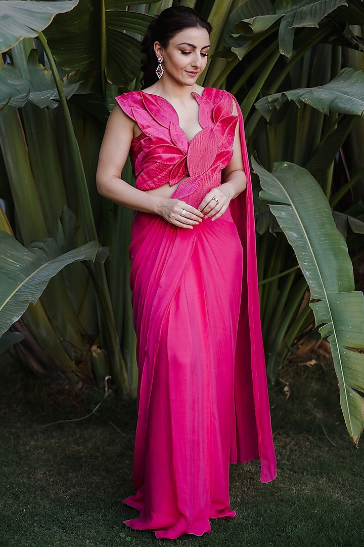 Magenta Pink Chinon Pre-stitched Gathered Saree Set by Reeti Arneja at Pernia's Pop Up Shop