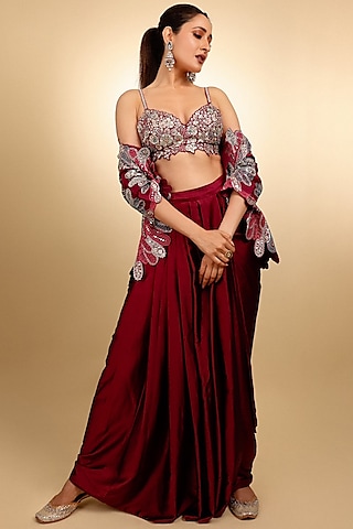 Sangria Plum Mulberry Silk Zardosi & Aari Embroidered Jacket Set by Osaa By Adarsh
