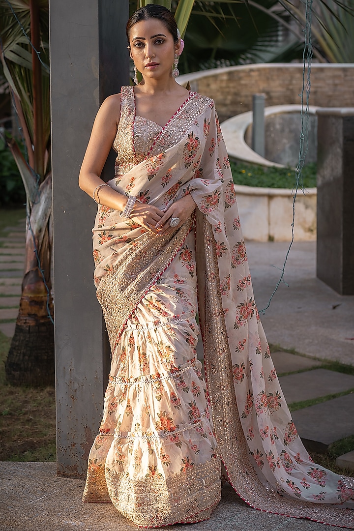 Ivory Organza Hand & Machine Embroidered Frilled Saree Set by GOPI VAID