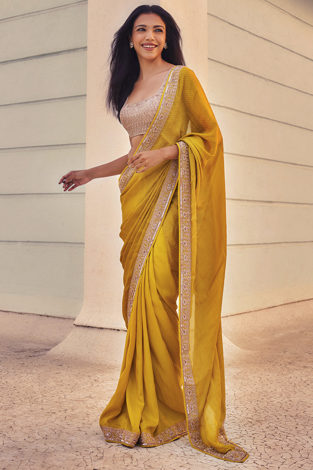 Yellow Banarasi & Dupion Silk Hand Embroidered Wedding Saree Set by DHRUVI PANCHAL at Pernia's Pop Up Shop