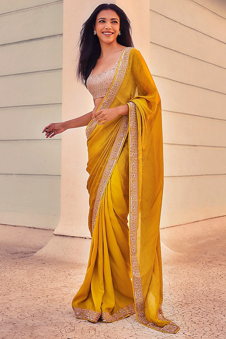 Yellow Banarasi & Dupion Silk Hand Embroidered Saree Set by DHRUVI PANCHAL