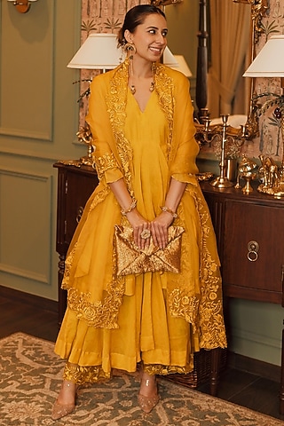 Mustard Tissue Chanderi Resham Embroidered Kurta Set by Charu Makkar