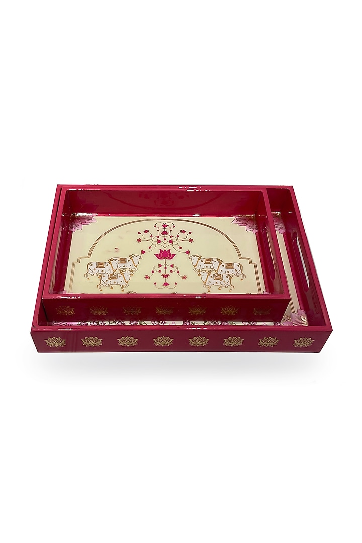 Pink & White Wooden Printed Rectangular Tray Set by Expression Gifting at Pernia's Pop Up Shop