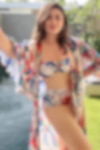 Ivory & Blue Printed Bikini Set With Cape by Mandira Wirk - Resort at Pernia's Pop Up Shop