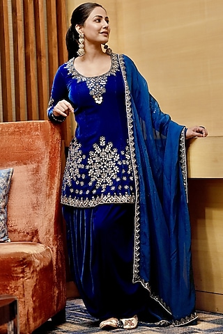 Teal Blue Makhmal Hand Embroidered Peplum Kurta Set by Reeti Arneja