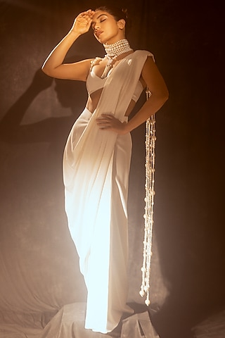 White Volvo Pearl String Embroidered Pre-Stitched Saree Set by Nikhil Thampi