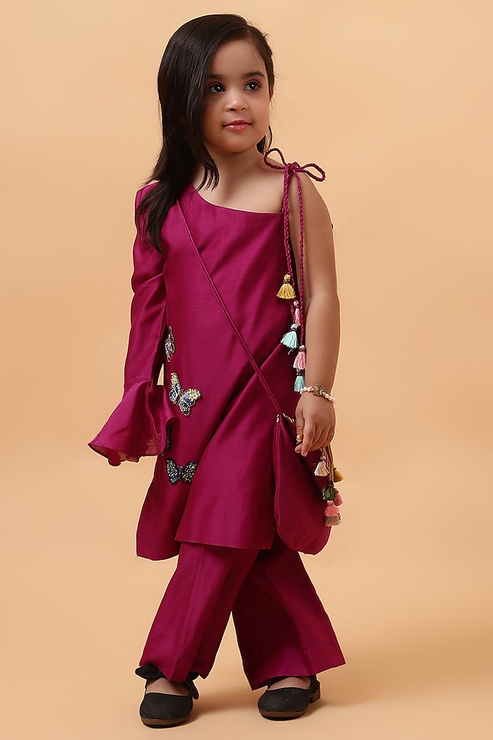 Magenta Purple Chanderi Silk Hand Embroidered One-Shoulder Kurta Set For Girls by House of Tushaom - Kids at Pernia's Pop Up Shop