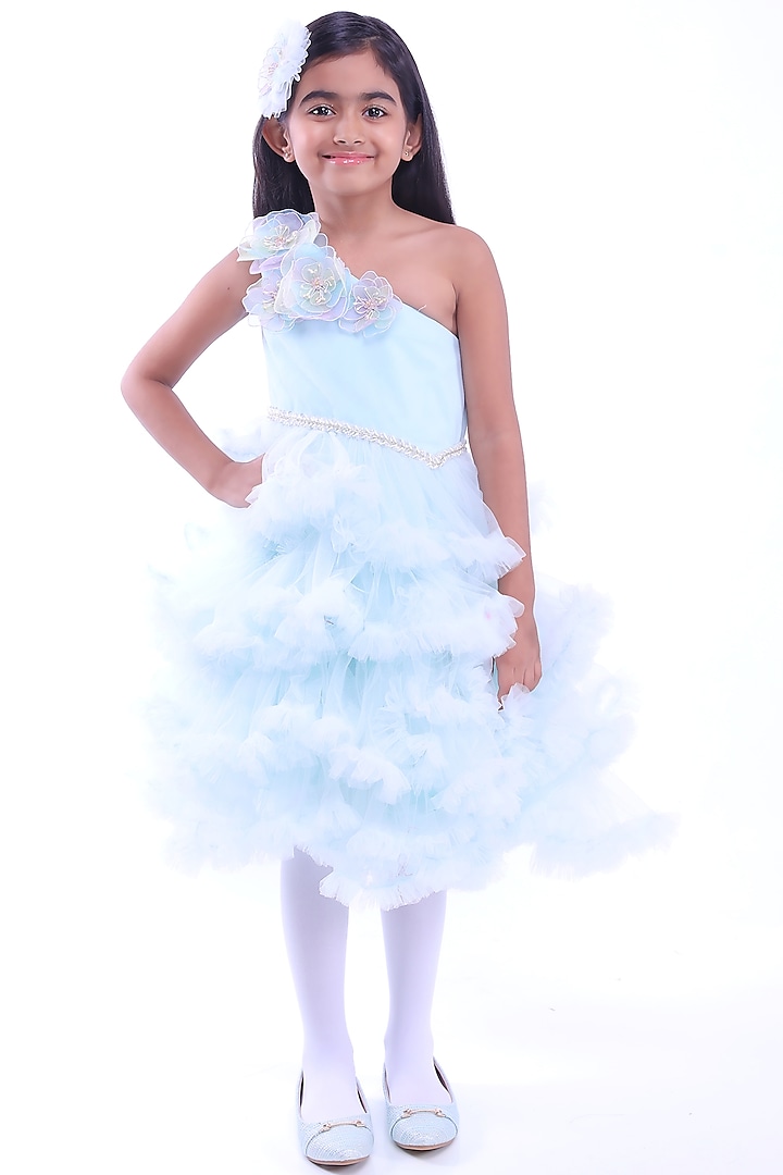 Powder Blue One-Shoulder Ruffled Dress For Girls by Rani kidswear