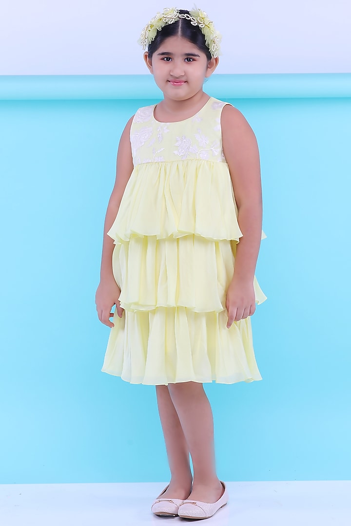 Yellow Embroidered Ruffled Dress For Girls by Rani kidswear