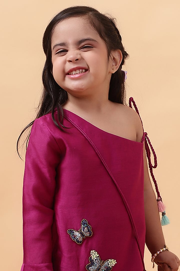 Magenta Purple Chanderi Silk Hand Embroidered One-Shoulder Kurta Set For Girls by House of Tushaom - Kids at Pernia's Pop Up Shop