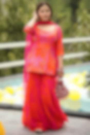 Pink & Red Georgette Floral printed Wedding Sharara Set by Harshita Singhvi at Pernia's Pop Up Shop