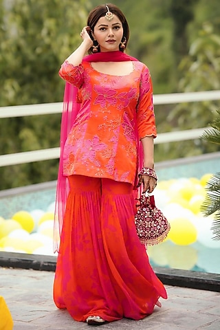Pink & Red Georgette Floral printed Sharara Set by Harshita Singhvi