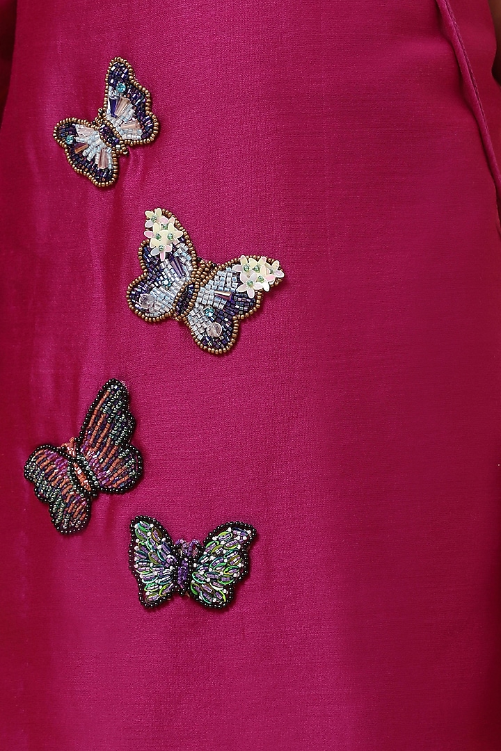 Magenta Purple Chanderi Silk Hand Embroidered One-Shoulder Kurta Set For Girls by House of Tushaom - Kids at Pernia's Pop Up Shop