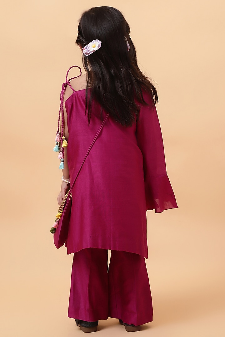 Magenta Purple Chanderi Silk Hand Embroidered One-Shoulder Kurta Set For Girls by House of Tushaom - Kids at Pernia's Pop Up Shop