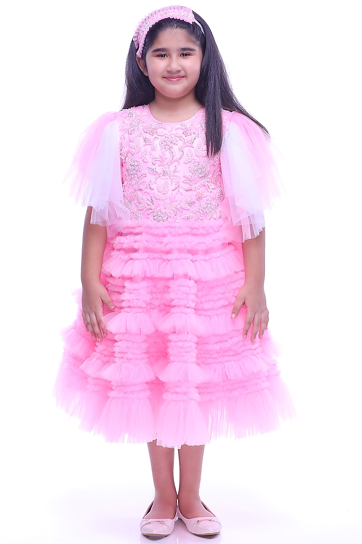 Bright Pink Embroidered Gown For Girls by Rani kidswear