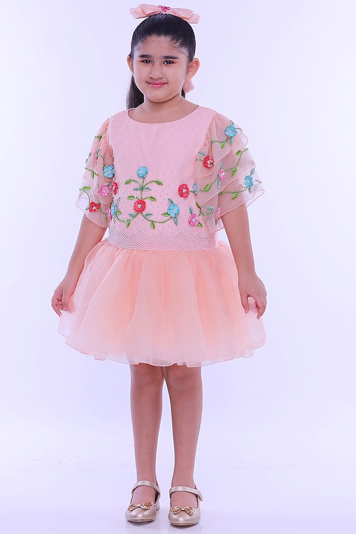 Peach Floral Embroidered Dress For Girls by Rani kidswear