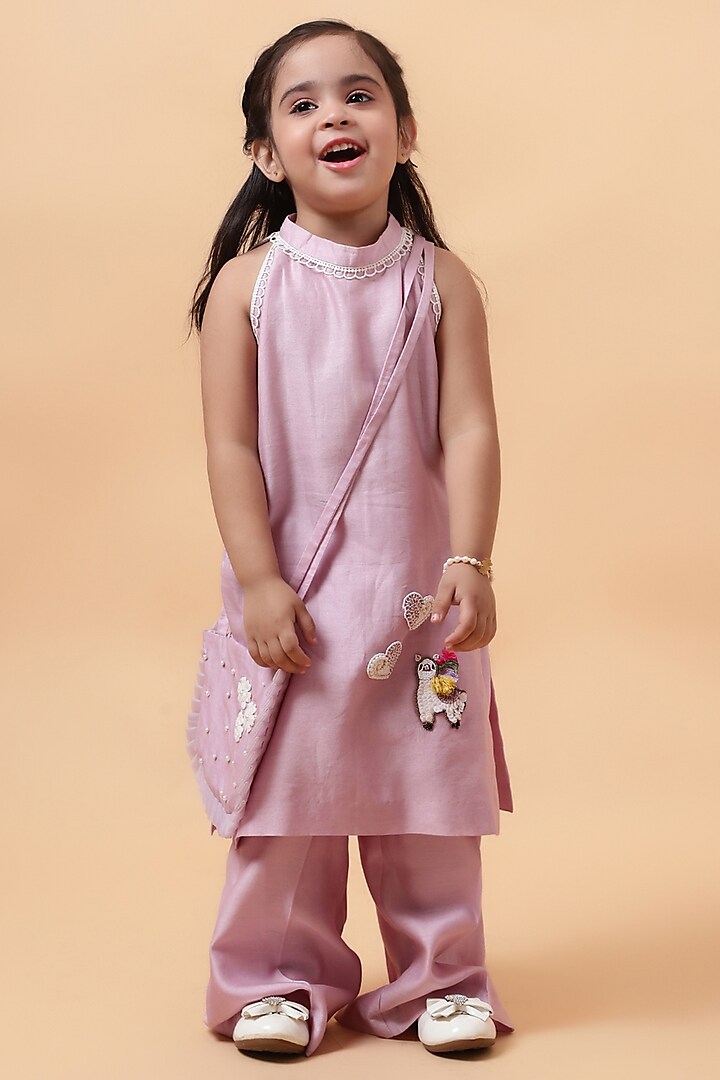 Lavender Chanderi Silk Hand Embroidered Kurta Set For Girls by House of Tushaom - Kids at Pernia's Pop Up Shop