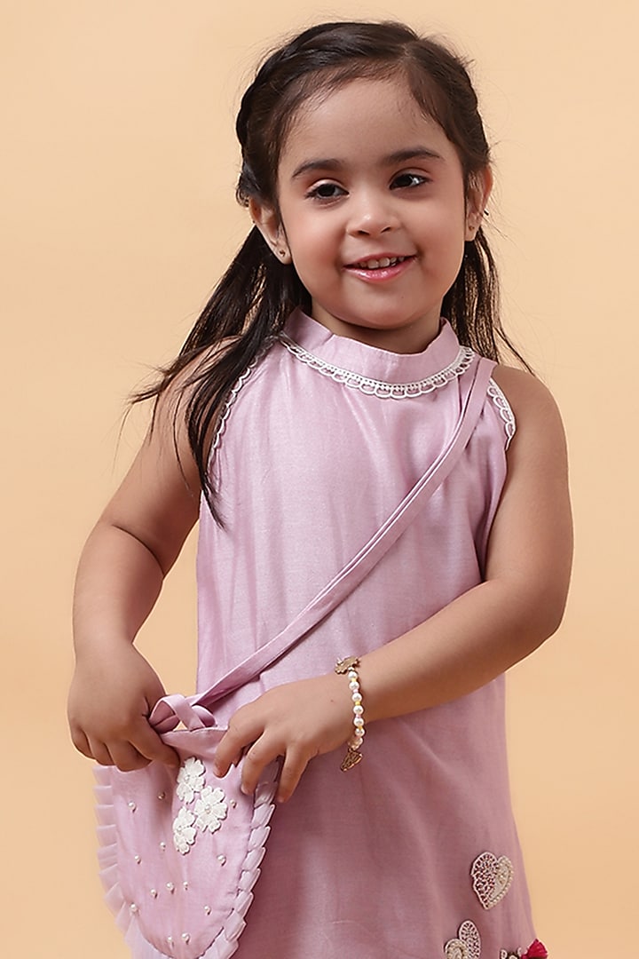 Lavender Chanderi Silk Hand Embroidered Kurta Set For Girls by House of Tushaom - Kids at Pernia's Pop Up Shop