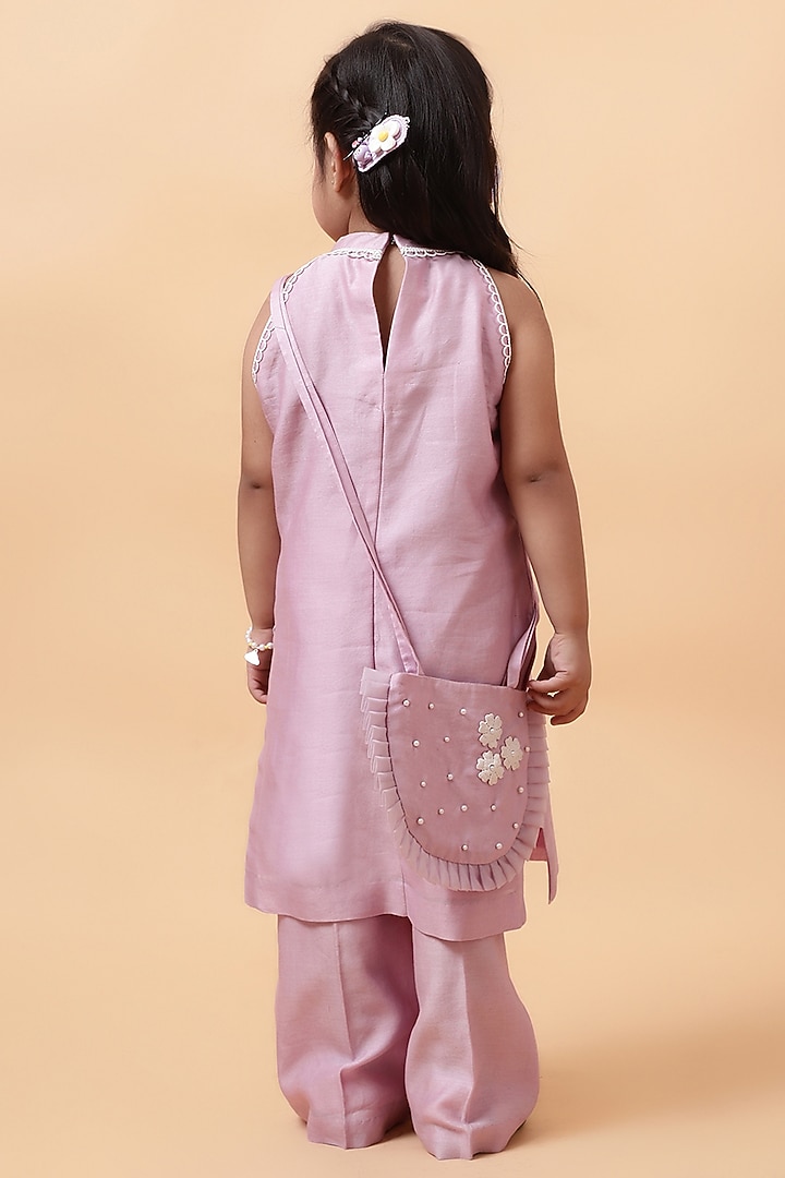 Lavender Chanderi Silk Hand Embroidered Kurta Set For Girls by House of Tushaom - Kids at Pernia's Pop Up Shop