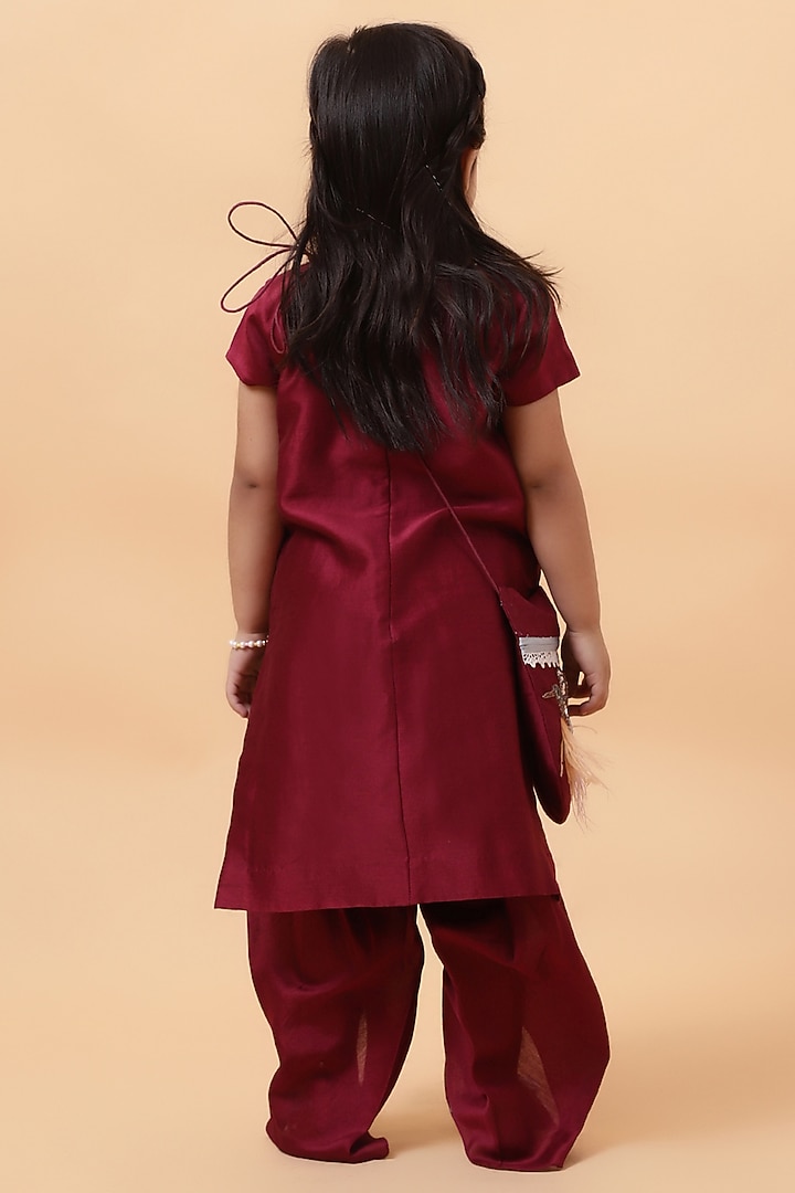 Wine Chanderi Silk Motif Hand Embroidered Kurta Set For Girls by House of Tushaom - Kids at Pernia's Pop Up Shop