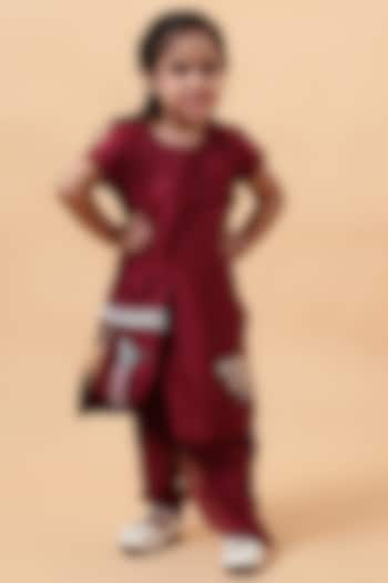 Wine Chanderi Silk Motif Hand Embroidered Kurta Set For Girls by House of Tushaom - Kids at Pernia's Pop Up Shop