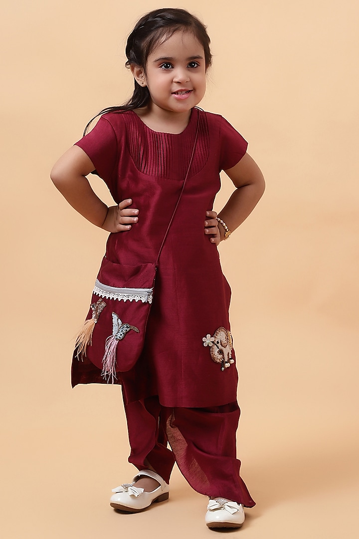 Wine Chanderi Silk Motif Hand Embroidered Kurta Set For Girls by House of Tushaom - Kids at Pernia's Pop Up Shop