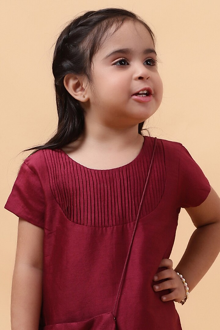 Wine Chanderi Silk Motif Hand Embroidered Kurta Set For Girls by House of Tushaom - Kids at Pernia's Pop Up Shop