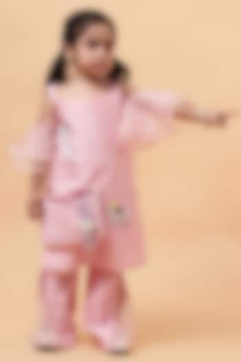 Baby Pink Chanderi Silk Hand Embroidered Kurta Set For Girls by House of Tushaom - Kids at Pernia's Pop Up Shop