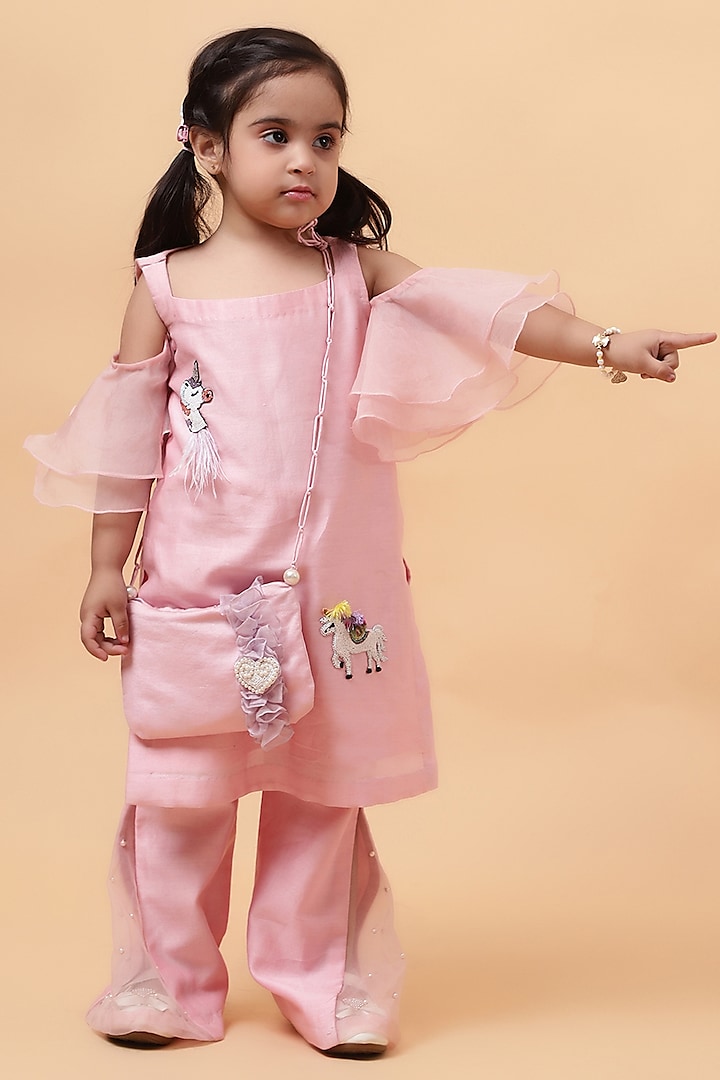 Baby Pink Chanderi Silk Hand Embroidered Kurta Set For Girls by House of Tushaom - Kids at Pernia's Pop Up Shop