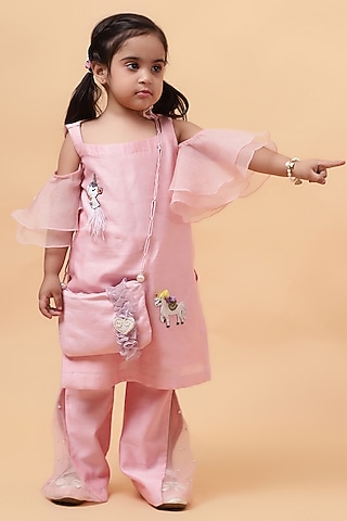 Baby Pink Chanderi Silk Hand Embroidered Kurta Set For Girls by House of Tushaom - Kids