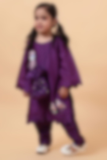 Purple Chanderi Silk Motif Hand Embroidered Kurta Set For Girls by House of Tushaom - Kids at Pernia's Pop Up Shop