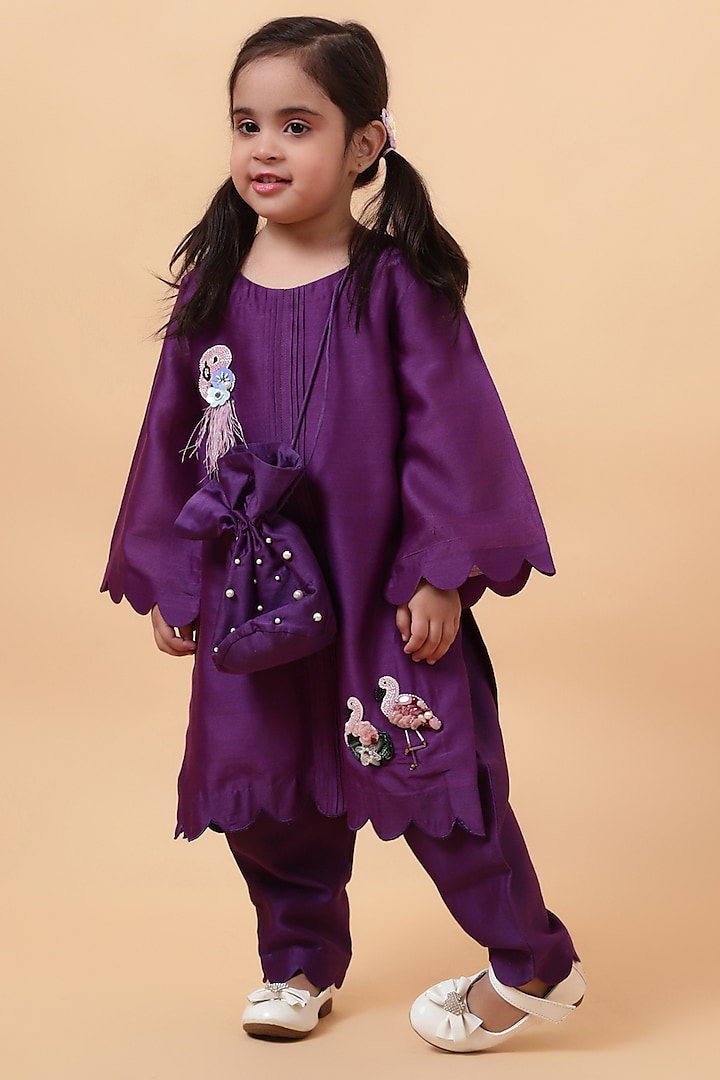 Purple Chanderi Silk Motif Hand Embroidered Kurta Set For Girls by House of Tushaom - Kids at Pernia's Pop Up Shop