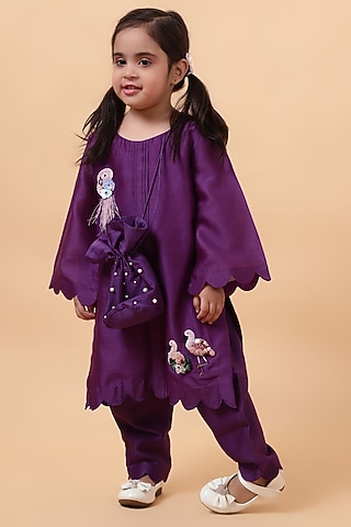Purple Chanderi Silk Motif Hand Embroidered Kurta Set For Girls by House of Tushaom - Kids