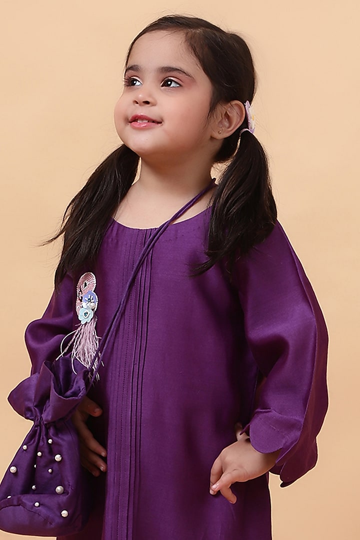 Purple Chanderi Silk Motif Hand Embroidered Kurta Set For Girls by House of Tushaom - Kids at Pernia's Pop Up Shop