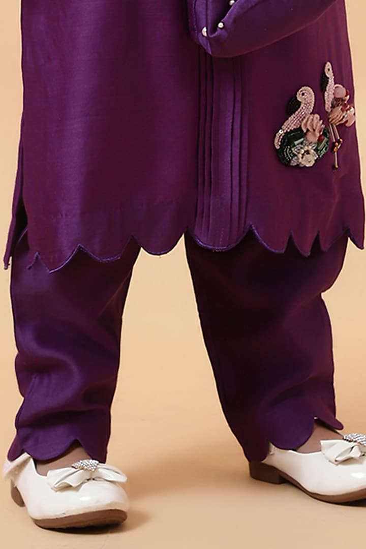Purple Chanderi Silk Motif Hand Embroidered Kurta Set For Girls by House of Tushaom - Kids at Pernia's Pop Up Shop
