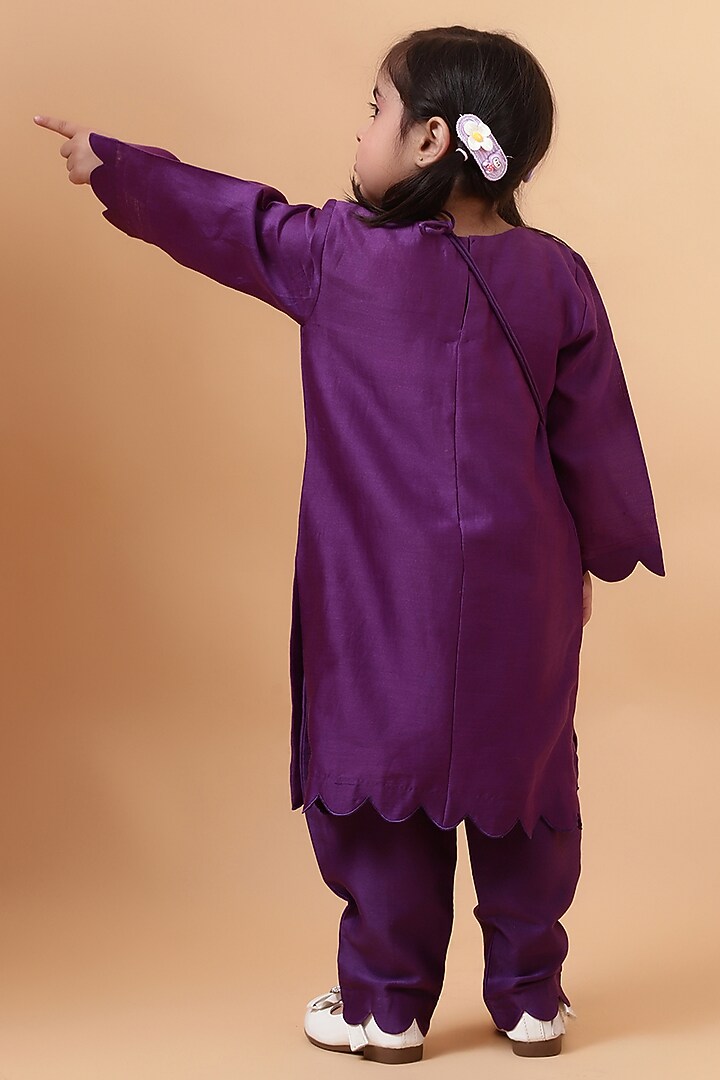 Purple Chanderi Silk Motif Hand Embroidered Kurta Set For Girls by House of Tushaom - Kids at Pernia's Pop Up Shop