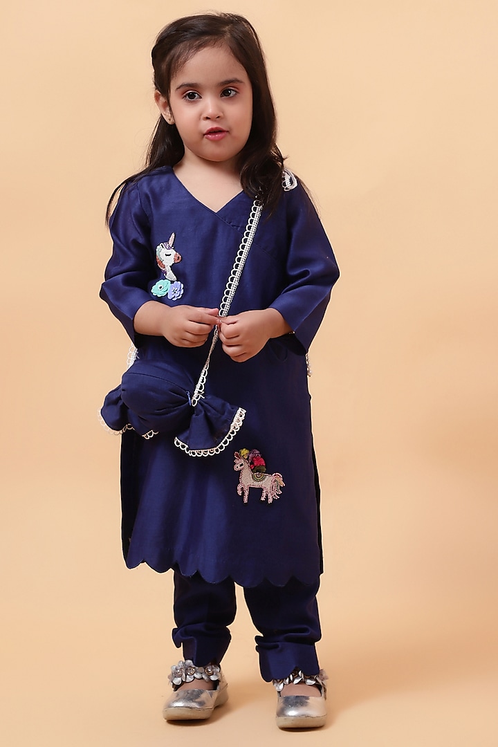 Cobalt Blue Chanderi Silk Motif Hand Embroidered Kurta Set For Girls by House of Tushaom - Kids at Pernia's Pop Up Shop