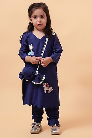 Cobalt Blue Chanderi Silk Motif Hand Embroidered Kurta Set For Girls by House of Tushaom - Kids