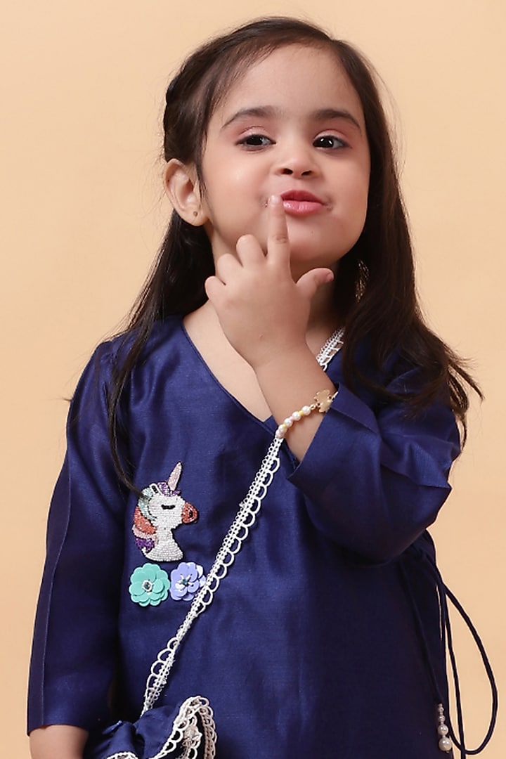 Cobalt Blue Chanderi Silk Motif Hand Embroidered Kurta Set For Girls by House of Tushaom - Kids at Pernia's Pop Up Shop