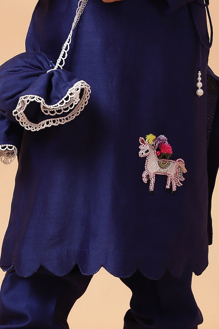 Cobalt Blue Chanderi Silk Motif Hand Embroidered Kurta Set For Girls by House of Tushaom - Kids at Pernia's Pop Up Shop